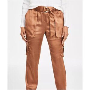 INC Women's Satin High-Rise D-Ring Belted Wide Leg Cargo Pants Brown Size XL NWT